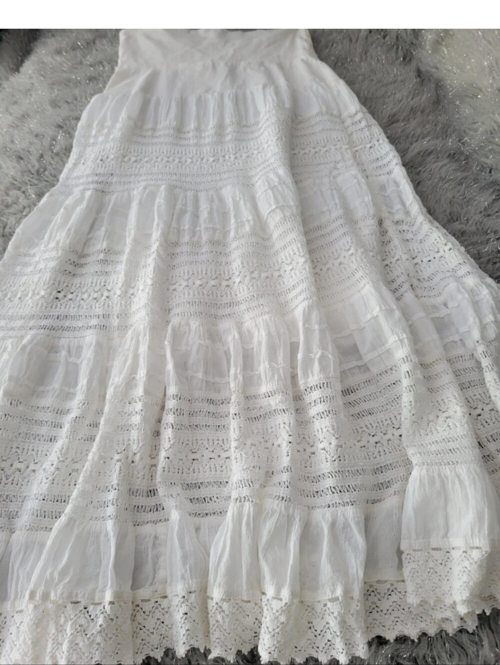 Vintage Y2k White Tiered Gauzy Maxi Skirt Fold Over Waist Crochet Lace Boho S - Picture 8 of 9